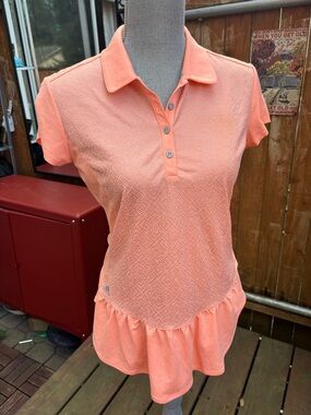 Adidas Climachill Golf Polo Shirt Peach with Silver Geometric Print Ruffle Hem L